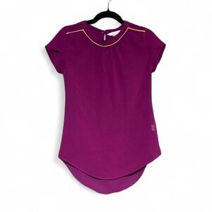 Vintage Chiffon Blouse Women's Size Small Purple Yellow Pleated Cap Sleeve Retro